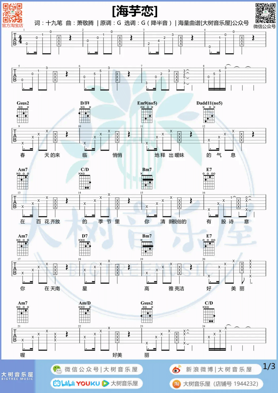 《海芋恋》G调吉他谱