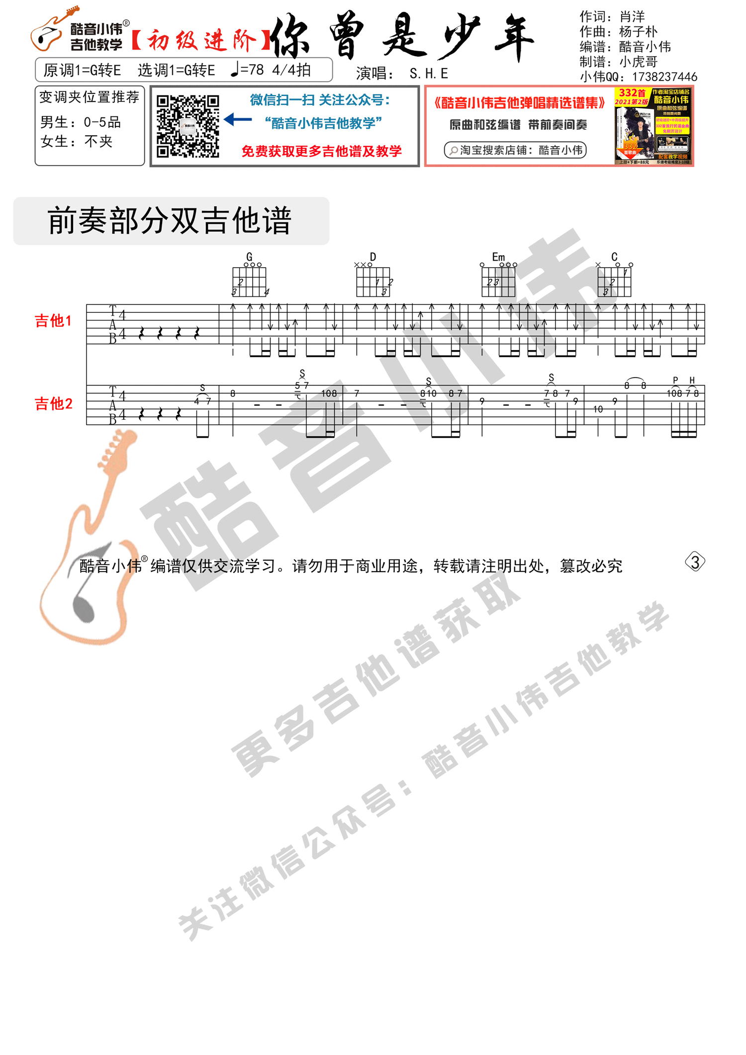 《你曾是少年》G调吉他谱
